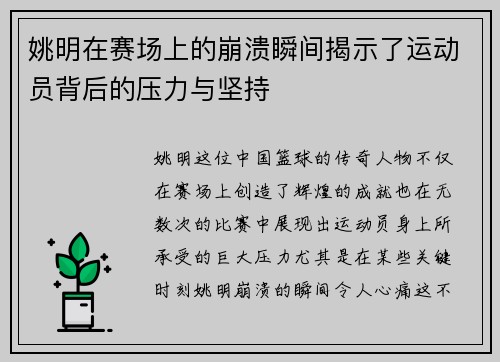 姚明在赛场上的崩溃瞬间揭示了运动员背后的压力与坚持