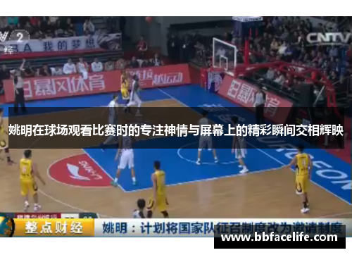 姚明在球场观看比赛时的专注神情与屏幕上的精彩瞬间交相辉映