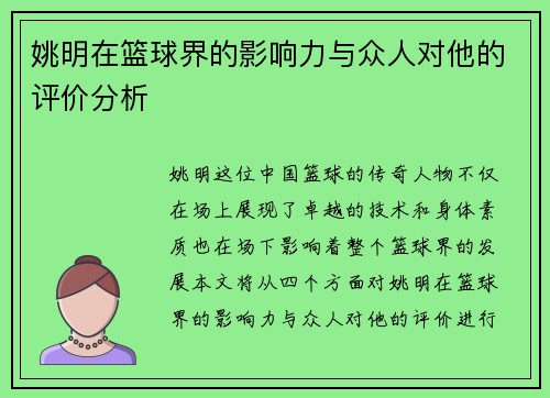 姚明在篮球界的影响力与众人对他的评价分析
